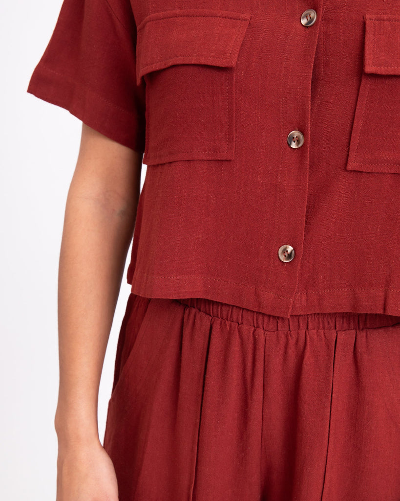 TILTIL Elli Linen Cropped Blouse Melange Cherry Red - Things I Like Things I Love