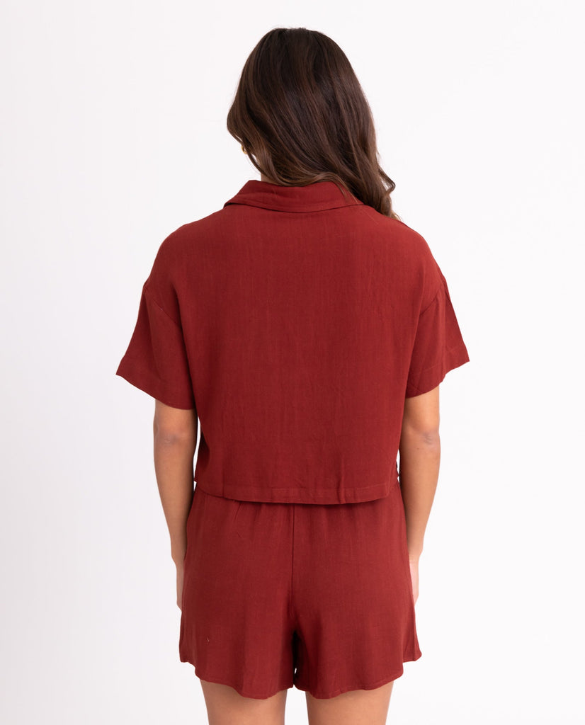 TILTIL Elli Linen Cropped Blouse Melange Cherry Red - Things I Like Things I Love