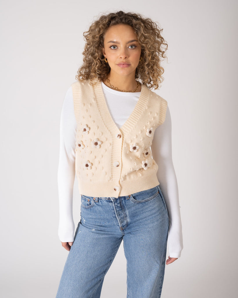 Chessie Knit Gilet Flower Cream One Size - Things I Like Things I Love